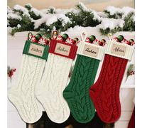 Medias de Navidad personalizadas con parches de cuero con nombre, calcetines de Navidad de punto personalizados para mascotas, chimenea, decoración para fiestas