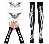 Medias Halloween Mujer, 4 Piezas Accesorios Halloween, Guantes Esqueleto Adulto, Medias Esqueleto Mujer, 2X Tatuajes Halloween, día de los Muertos, Festival, Carnaval