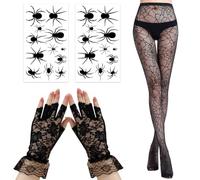 Medias Halloween Mujer, 4 Piezas Accesorios Halloween, Medias de araña, Guantes de Encaje Negro Halloween, 2X Tatuajes Halloween, día de los Muertos, Festival, Carnaval