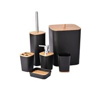 Mediawave Store - Juego de accesorios de baño de 6 piezas en moderno negro y madera de bambú, kit completo con escobilla y papelera para decoración de baño, elegante y funcional (negro)