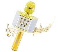 Mediawave Store - Micrófono inalámbrico Karaoke con luces LED Q-C107 Graba Canta Y Reproduce Música, Micrófono Juego Cambia Voce, Grabadora de Voce, Canciones, Luces Coloridas (Oro)