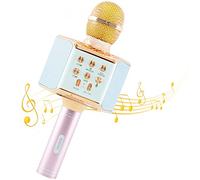 Mediawave Store - Micrófono inalámbrico Karaoke con luces LED Q-C107 Graba Canta Y Reproduce Música, Micrófono Juego Cambia Voce, Grabadora de Voce, Canciones, Luces Coloridas (Rosa)