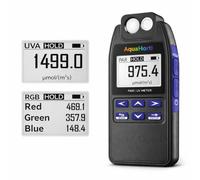 Medidor PAR AH-Quantuv para luces de cultivo, medidor PPFD 400-750 nm con medición UVA 320-400 nm, muestra desglose PAR de azul, verde y rojo, registra PAR y UVA para mapeo de distribución lumínica.