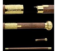 Medieval British Gentleman's Wooden Cane, a Stylish Golden Dragon Design Cane, 92cm Tall, Made of High-End Rosewood, with a Lock. A Golden Relief Dragon Round-Headed Walking Stick Gift
