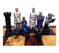 Medieval Times Crusades Knight Juego de ajedrez azul y blanco para hombres, piezas pintadas a mano con cruz de Malta, sin tablero