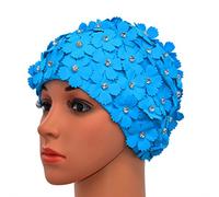 Medifier Manual del Rhinestone Floral pétalos Retro Estilo Gorras Natacion Gorras de baño para Mujer Amarillo Azul Claro