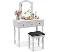 MEDIMALL Escritorio de maquillaje con espejo, juego de mesa de tocador con taburete acolchado suave, tocador con 3 cajones y patas de madera maciza, escritorio de tocador para dormitorio y estudio