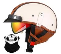 Medio Casco Moto Retro Casco Abierto Cuero Alemán, Hombres Mujeres Bike Cruiser Chopper Ciclomotor Scooter Casco Media Concha Vintage con Bufanda Desmontable, Aprobado ECE 57-64cm