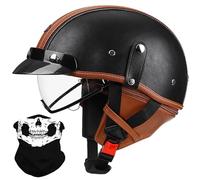 Medio Casco Moto Retro Casco Abierto Cuero Alemán, Hombres Mujeres Bike Cruiser Chopper Ciclomotor Scooter Casco Media Concha Vintage con Bufanda Desmontable, Aprobado ECE 57-64cm