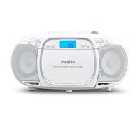MEDION E66476 Sistema de sonido estéreo (Boombox, reproductor de CD, MP3, casete, reproductor de casete portátil para niños, radio FM, AUX, auriculares, red y batería) blanco