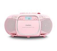 MEDION E66476 Sistema de Sonido estéreo (Boombox, Reproductor de CD, MP3, Casete, Reproductor de Casete portátil para niños, Radio FM, AUX, Auriculares, Toma de Corriente y batería) Rosa