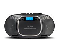 MEDION E66476 Sistema de Sonido estéreo (Boombox, Reproductor de CD, MP3, Casete, Reproductor de Casete portátil para niños, Radio FM, AUX, Auriculares, Toma de Corriente y batería) Negro