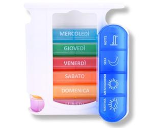 MEDIPILL - Torre de dosificación semanal italiana | Organización semanal de medicamentos | 7 días | 4 momentos de ingesta al día | 28 compartimentos | Una pieza | Arco iris | MED-S28T-A-I