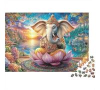 Meditación Ganesha Rompecabezas 1000 Piezas para Adultos Ganesha Loto Lago Atardecer, Premium Grueso Resistente, Vibrante Desafiante Juego Familiar 38x26cm/1000pzs