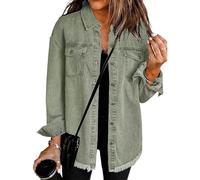 Meditatem Denim Jacket, Oversized Jean Jackets Women's Casual Denim Button down Distressed Jacket Frayed Hem Jean Shacket, verde, L