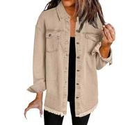 Meditatem Denim Jacket, Oversized Jean Jackets Women's Casual Denim Button down Distressed Jacket Frayed Hem Jean Shacket, caqui, S