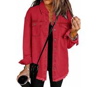 Meditatem Denim Jacket, Oversized Jean Jackets Women's Casual Denim Button down Distressed Jacket Frayed Hem Jean Shacket, rojo, M