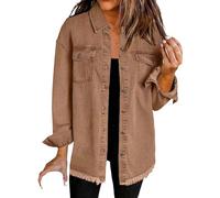 Meditatem Denim Jacket, Oversized Jean Jackets Women's Casual Denim Button down Distressed Jacket Frayed Hem Jean Shacket, marrón, L