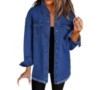 Meditatem Denim Jacket, Oversized Jean Jackets Women's Casual Denim Button down Distressed Jacket Frayed Hem Jean Shacket, azul oscuro, XL