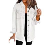 Meditatem Denim Jacket, Oversized Jean Jackets Women's Casual Denim Button down Distressed Jacket Frayed Hem Jean Shacket, Blanco, S
