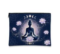Meditation Water Lilies Moon Phase Bohemian - Bolsa de maquillaje de 7 x 9 | Silueta de yoga, bolsa de maquillaje con cremallera, fases lunares celestiales, fondo de mandala, tema de bienestar