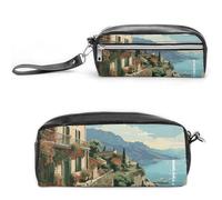 Mediterranean Summer - Estuche de cuero de gran capacidad con cremallera, bolsa de maquillaje pequeña portátil, organizador de suministros de oficina para mujeres y hombres