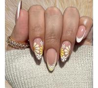 Medium Almond Press-On NäGel Mit Gelb-WeißEn Blumenmotiven Und GläNzendem Finish, WeißE Schleife KunstnäGel, Niedliche Blumen-Klebe-NäGel FüR Frauen Und MäDchen, 24Pcs