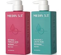 MEDIX 5.5 Limpiador facial y corporal exfoliante AHA con ácido glicólico + crema corporal hidratante con retinol, loción para el cuidado de la piel, 2 unidades | Jabón facial espumoso con ácido alfa