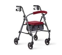 Medline Andador con asiento y ruedas, andador plegable para personas mayores con protección antimicrobiana Microban, marco de acero duradero que soporta hasta 300 libras, ruedas de 6 pulgadas, rojo