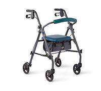 Medline Andador con asiento y ruedas, andador plegable para personas mayores con protección Microban, marco de acero duradero que soporta hasta 350 libras, ruedas de 6 pulgadas, verde azulado