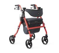 Medline Andador Premium Empower con asiento de espuma viscoelástica, negro y rojo, capacidad de peso de 300 libras, ruedas de 8 pulgadas, tecnología Microban*, portavasos, andador rodante para