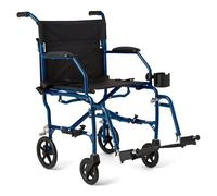Medline Mobility Silla de ruedas ultraligera de transporte, asiento de 19 pulgadas de ancho, brazos permanentes hasta el escritorio, reposapiés oscilantes, marco azul