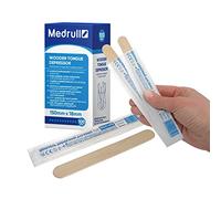 Medrull Espátulas bucales de madera de 1,8 x 15 cm, 100 unidades, envasadas individualmente en bolsas de papel, para aplicar ungüentos o ceras, para fines médicos, para explorar la boca y la garganta
