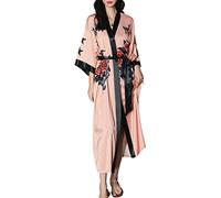 MEDUOLA Albornoces de Verano para Mujer Bata Kimono de Satén Pijama Seda Estampado con Talla Única Camisón Largo Sexy y Elegante rosa pájaro