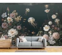 Medusas de algas de arrecife de coral Flores sobre Fondo de verde oscuro, Papel Pintado Fotográfico - 400 x 280 cm, Seda Premium Mural Decorativo vida marina para Dormitorio o Salón