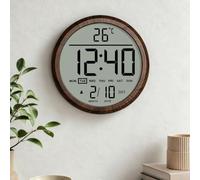 Mee 2ou Reloj de pared digital redondo de 8 pulgadas, funciona con pilas, fecha, calendario, temperatura, DST, 12/24 horas, alarma, reloj atómico moderno de números grandes para dormitorio, sala de