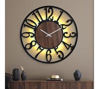 Mee 2ou Reloj de Pared Grande con Luz Nocturna - Reloj de Metal de 76 cm con Tic TAC Suave, Luz LED en la Oscuridad, Estilo Vintage de Madera para Salón, Loft, Oficina, Dormitorio, Cocina