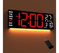 Mee 2ou Reloj Digital Pared Grande 16.5" con Luz Nocturna, Auto Dimming, 2 Alarmas, 8 Colores RGB, Temperatura, Control Remoto, 12/24H, para Escritorio y Pared