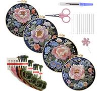 Meecaa Kit de bordado 4P, juego de bordado a mano, patrón de flores de peonía, juego de punto de cruz impreso para adultos principiantes, con aro de bordado e instrucciones (peonía)