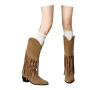 MEECHI Botas Altas De Mujer con Punta Puntiaguda Boots Vaqueras Western con Flecos Botas De Ante con Tacón Cuadrado Boots De Montar Cálidas Zapatos Sin Cordones De Tubo Ancho(Beige,43 EU)