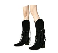 MEECHI Botas Altas De Mujer con Punta Puntiaguda Boots Vaqueras Western con Flecos Botas De Ante con Tacón Cuadrado Boots De Montar Cálidas Zapatos Sin Cordones De Tubo Ancho(Black,43 EU)