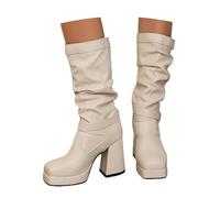 MEECHI Botas Altas De Mujer con Puntera Cuadrada Elegantes Botas De Caña Larga con Tacón Grueso Zapatos De Tubo Ancho De Cuero De PU Sin Cordones con Hebilla Tacones Altos De Plataforma(White,43 EU)
