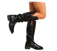 MEECHI Botas Altas De Mujer con Tacón De Bloque Boots Vaqueras Western con Remaches Botas De Montar Sin Cordones De Cuero PU For Pantorrillas Anchas, Zapatos De Transición For Primavera(37 EU)