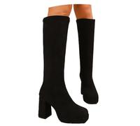 MEECHI Botas Altas De Plataforma con Tacón Ancho Boots Altas De Ante For Mujer Botas Altas Elásticas con Puntera Cuadrada Zapatos Vintage Sin Cordones For El Invierno(38 EU)