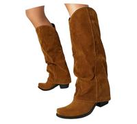 MEECHI Botas Altas De Tacón con Punta Afilada for Mujer Boots Vaqueras Estilo Western Retro Botas De Montar De Ante con Tubo Ancho Zapatos Casuales Sin Cordones for Mujer(Brown,41 EU)