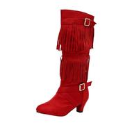 MEECHI Botas Altas Elegantes con Tacón Boots Vaqueras Western Retro for Mujer con Flecos Zapatos Sin Cordones De Caña Ancha con Hebilla Metálica Botas De Nieve Cálidas De Ante for Mujer(Red,38 EU)