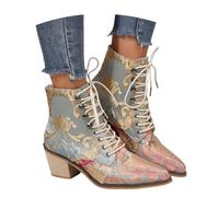 MEECHI Botas Cortas con Cordones Botines Chelsea for Mujer Ankle Boots Retro con Bordado Floral Botines De Punta con Tacón Cuadrado Zapatos De Tobillo Elegantes for Fiestas(Blue,35 EU)
