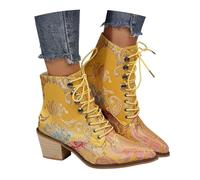 MEECHI Botas Cortas con Cordones Botines Chelsea for Mujer Ankle Boots Retro con Bordado Floral Botines De Punta con Tacón Cuadrado Zapatos De Tobillo Elegantes for Fiestas(Gold,42 EU)