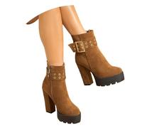 MEECHI Botas Cortas De Mujer con Cremallera Botines con Plataforma Y Tacón Grueso Botines De Ante De Moda con Hebilla Tacones Altos Antideslizantes Zapatos De Noche Elegantes for Novias(Brown,39 EU)
