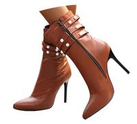 MEECHI Botas Cortas Sexis De Punta Fina Botines De Tacón De Aguja for Mujer Botines Elegantes con Perlas Zapatos De Tobillo De Cuero De PU con Cremallera Tacones Altos for Otoño/Invierno(Brown,36 EU)